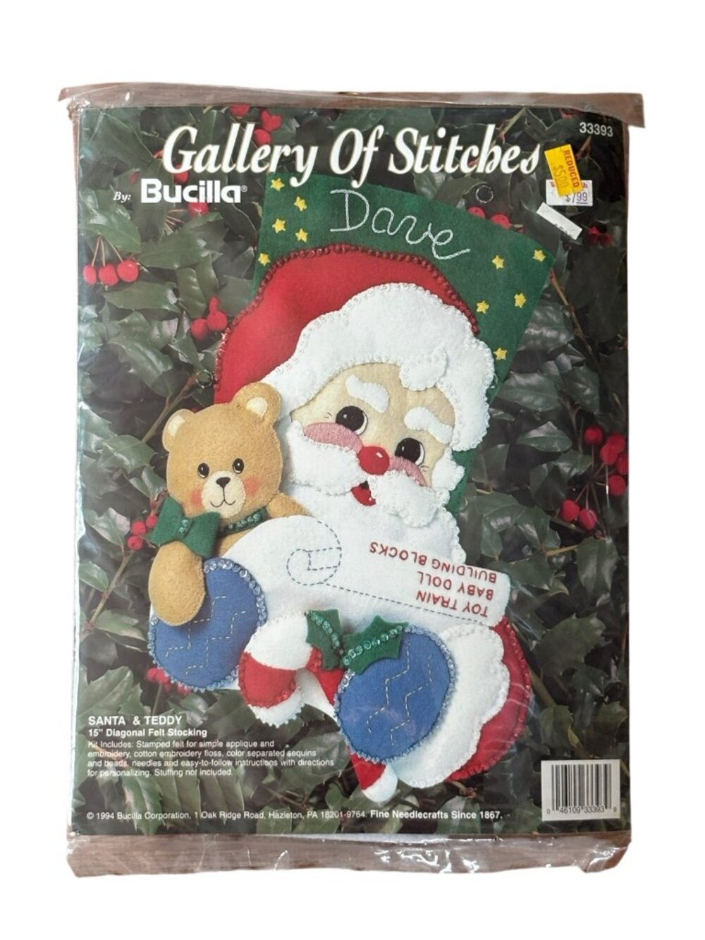 NIP Bucilla Gallery Of Stitches Felt Stocking Kit Santa & Teddy 33393 Vtg 1994